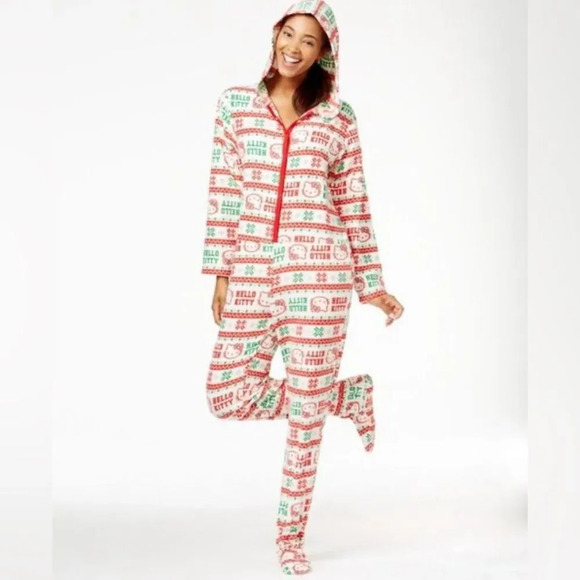 HELLO KITTY by‎ SANRIO Christmas Hooded Footed Jumpsuit - Picture 1 of 7